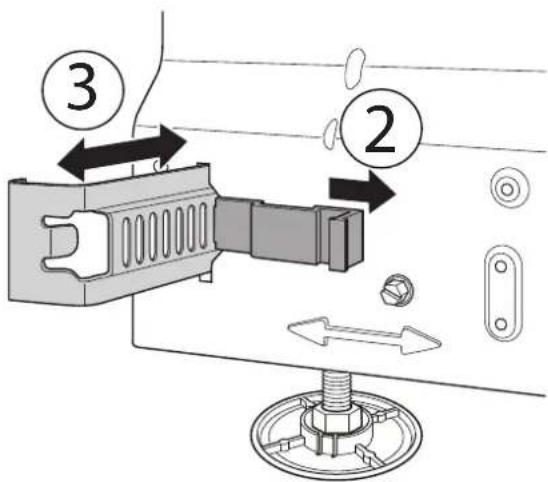 Diagram showing mechanical assembly with numbered components and directional arrows indicating movement or assembly steps