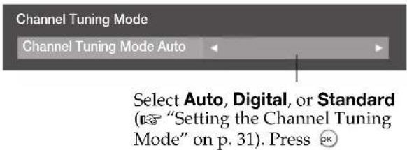 Channel Tuning Mode Channel Tuning Mode Auto Select Auto, Digital, or Standard ("Setting the Channel Tuning Mode" on p. 31). Press OK