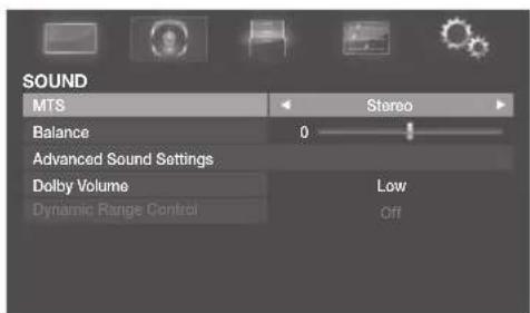 SOUND MTS Stereo Balance 0 Advanced Sound Settings Dolby Volume Low Dynamic Range Control Off