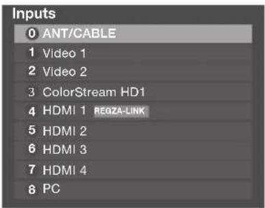 Inputs 0 ANT/CABLE 1 Video 1 2 Video 2 3 ColorStream HD1 4 HDMI 1 REGZA-LINK 5 HDMI 2 6 HDMI 3 7 HDMI 4 8 PC