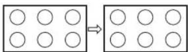Diagram showing transformation of a 2x2 grid of circles into a 3x3 grid, with an arrow indicating the direction.