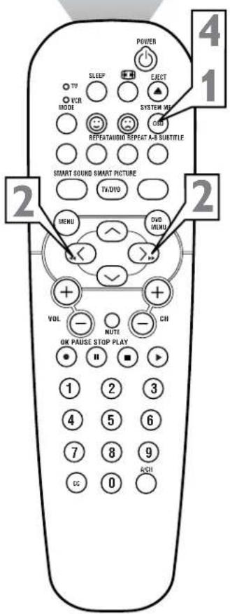 POWER 4 1 SLEEP EJECT TV VCR MODE SYSTEM ME RESET REPEATAUDIO REPEAT A-B SUBTITLE SMART SOUND SMART PICTURE TA:DVD MENU DVD MENU VOL NOTE CN ON PAUSE STOP PLAY 1 2 3 4 5 6 7 8 9 CC 0 RCH