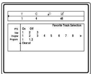 T C ✓ ✓ 1 4 all FTS On Off Favorite Track Selection Title 1 2 3 Chapter 1 2 3 4 5 6 7 8 > Program 1 1.3 Clear all