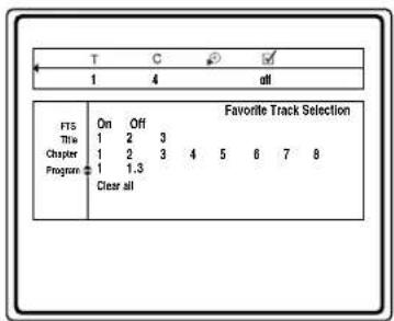 T C √ 1 4 off FTS On Off Favorite Track Selection Title 1 2 3 Chapter 1 2 3 4 5 6 7 8 Program 1 1.3 Clear all