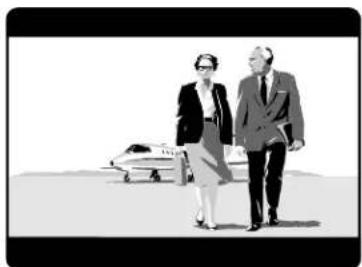Black-and-white illustration of two business professionals walking with a small airplane in the background (no text or symbols)