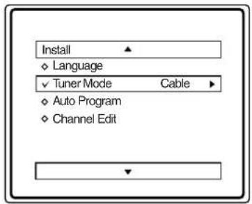 Install Language ✓ Tuner Mode Cable Auto Program Channel Edit