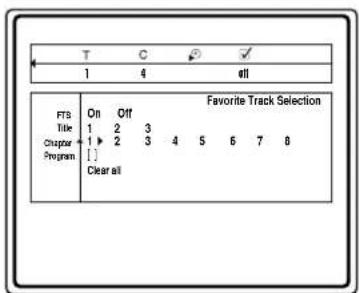 T C √ 1 4 all FTS On Off Favorite Track Selection Title 1 2 3 Chapter 1 ▶ 2 3 4 5 6 7 8 Program [] Clear all
