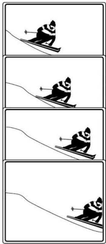 Four-panel sequence showing a skier descending on a slope, with no text or symbols present.