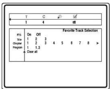 T C √ 1 4 off FTS On Off Favorite Track Selection Title 1 2 3 Chapter 1 2 3 4 5 6 7 8 > Program 1 1.3 Clear all