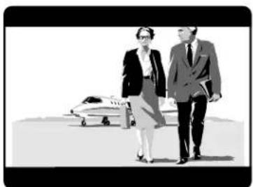 Black-and-white illustration of two business professionals walking outdoors with a jet aircraft in the background (no text or symbols visible)
