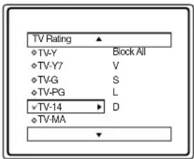 TV Rating ○TV-Y Block All ○TV-Y7 V ○TV-G S ○TV-PG L ✓TV-14 ▶ D ○TV-MA