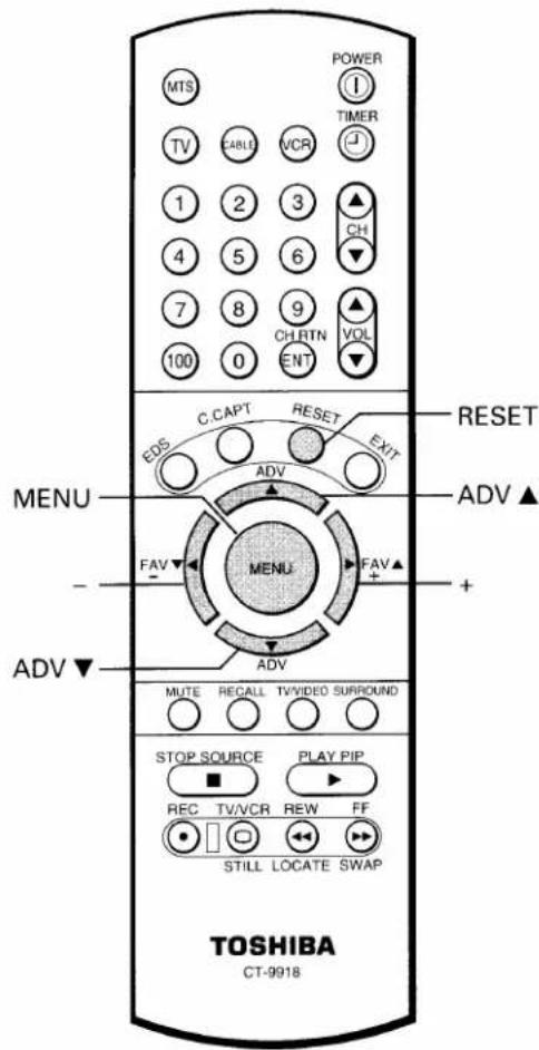 MTS POWER I TIMER TV CABLE VCR J 1 2 3 ▲ 4 5 6 CH 7 8 9 ▲ 100 0 ENT VOL CHRTN C.CAPT RESET EDS EXIT MENU FADV ▲ FAV ▲ + ADV ▼ MUTE RECALL TV/VIDEO SURROUND STOP SOURCE PLAY PIP ■ ■ REC TV/VCR REW FF STILL LOCATE SWAP TOSHIBA CT-9918