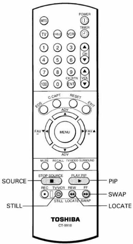 MTS POWER T TIMER TV CABLE VCR 1 2 3 CH 4 5 6 7 8 9 CH RTN VOL 100 0 ENT C.CAPT RESET EXIT EOS ADV FAV MENU FAV▲ + ADV MUTE RECALL TV/VIDEO SURROUND SOURCE STOP SOURCE PLAY PIP REC TV/VCR REW FF STILL LOCATE SWAP PIP SWAP LOCATE TOSHIBA CT-9918