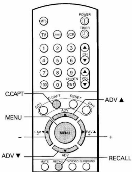 MTS POWER ① TIMER TV CABLE VCR 1 2 3 ▲ CH 4 5 6 ▼ 7 8 9 ▲ CH RTN VOL 100 0 ENT ▼ C.CAPT C CAPT RESET ADV ▲ EDS EXIT MENU FADV FAV▲ - MENU + + ADV ▼ ADV MUTE RECALL TV/VIDEO SURROUND RECALL