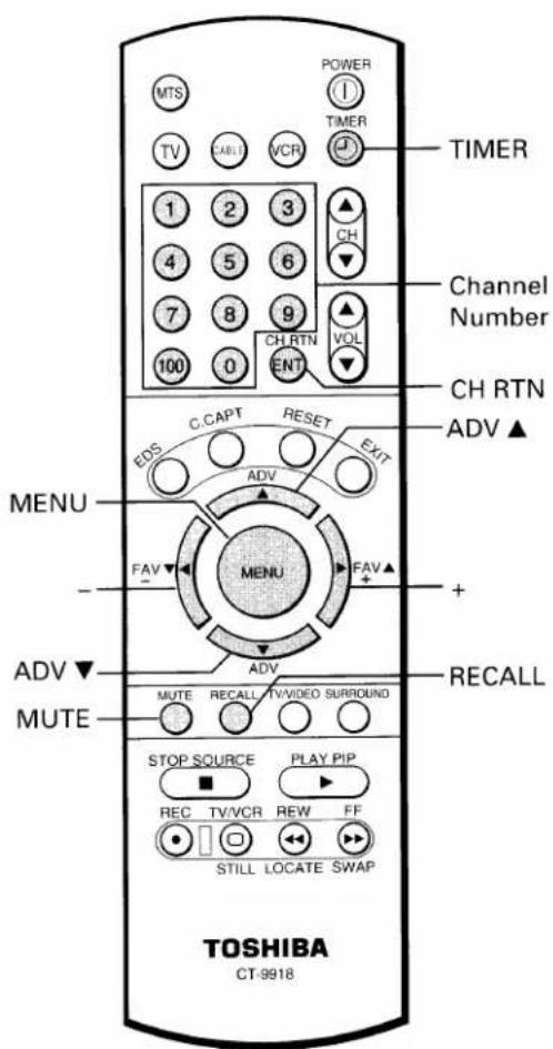 POWER TIMER 1 2 3 CH Channel Number CH RTN ENT 100 0 MENU C.CAPT RESET EDS FAV MUTE RECALL STOP SOURCE PLAY PIP REC TV/VCR REW FF STILL LOCATE SWAP TOSHIBA CT-9918