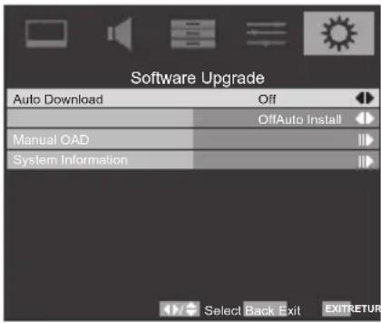 Software Upgrade Auto Download Off OffAuto Install Manual OAD System Information Select Back Exit EXITRETURN