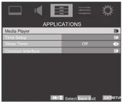 APPLICATIONS Media Player Time Setup Sleep Timer Off Common Interface Select Back Exit EXITRETURN
