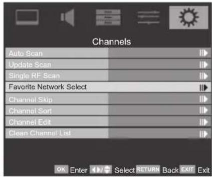 Channels Auto Scan Update Scan Single RF Scan Favorite Network Select Channel Skip Channel Sort Channel Edit Clean Channel List OK Enter Select RETURN Back EXIT Exit