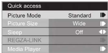 Quick access Picture Mode Standard Picture Size Wide Sleep Off REGZA-LINK Media Player