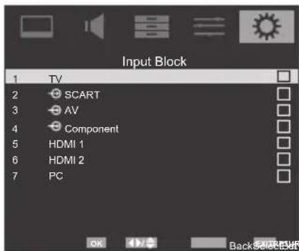 Input Block 1 TV 2 SCART 3 AV 4 Component 5 HDMI 1 6 HDMI 2 7 PC OK Back Select OK