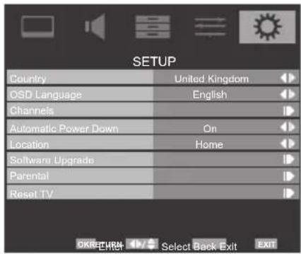 SETUP Country United Kingdom OSD Language English Channels Automatic Power Down On Location Home Software Upgrade Parental Reset TV OK/RETURN Select Back Exit EXIT