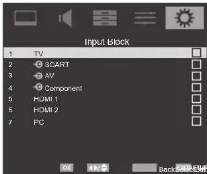 Input Block 1 TV 2 SCART 3 AV 4 Component 5 HDMI 1 6 HDMI 2 7 PC OK Back