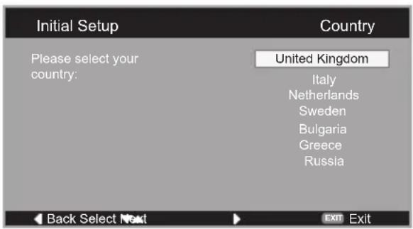 Initial Setup Country Please select your country: United Kingdom Italy Netherlands Sweden Bulgaria Greece Russia Back Select Next EXIT Exit