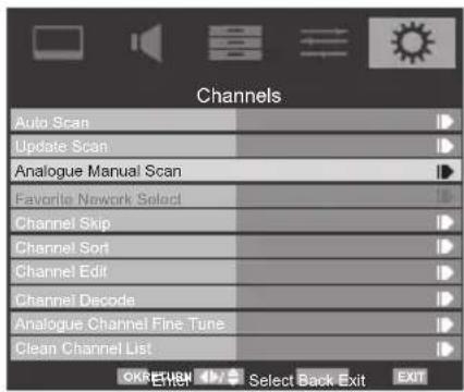 Channels Auto Scan Update Scan Analogue Manual Scan Favorite Nework Select Channel Skip Channel Sort Channel Edit Channel Decode Analogue Channel Fine Tune Clean Channel List OK/ETHN Select Back Exit EXIT