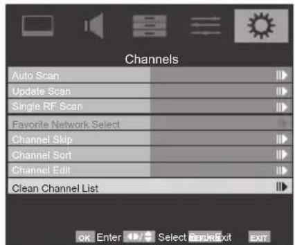 Channels Auto Scan Update Scan Single RF Scan Favorite Network Select Channel Skip Channel Sort Channel Edit Clean Channel List OK Enter Select Break Exit Exit
