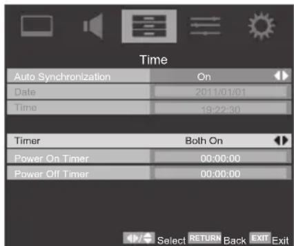 Time Auto Synchronization On Date 2011/01/01 Time 19:22:30 Timer Both On Power On Timer 00:00:00 Power Off Timer 00:00:00 Select RETURN Back EXIT Exit
