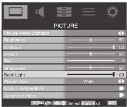 PICTURE Picture Mode Standard Brightness Contrast Colour Tint Sharpness Back Light Picture Size Wide Colour Temperature Advanced Video OK/REVIEW Select Back Exit EXIT