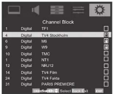 Channel Block 1 Digital TF1 4 Digital TV4 Stockholm 6 Digital M6 9 Digital W9 10 Digital TMC 1 Digital NT1 12 Digital NRJ12 14 Digital TV4 Film 24 Digital TV4 Fakta 31 Digital PARIS PREMIERE OKRESIGN Select Back Exit EXIT