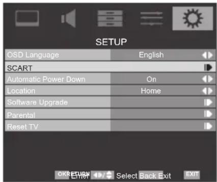 SETUP OSD Language English SCART Automatic Power Down On Location Home Software Upgrade Parental Reset TV OK RETURN Enter Select Back Exit EXIT