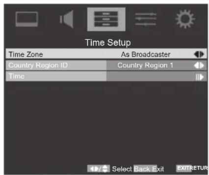 Time Setup Time Zone As Broadcaster Country Region ID Country Region 1 Time Select Back Exit EXITRETURN