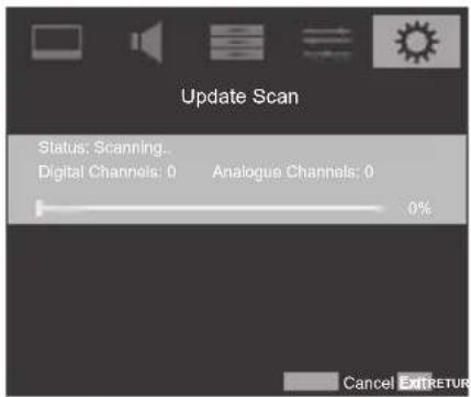 Update Scan Status: Scanning.. Digital Channels: 0 Analogue Channels: 0 0% Cancel ENTRETUR