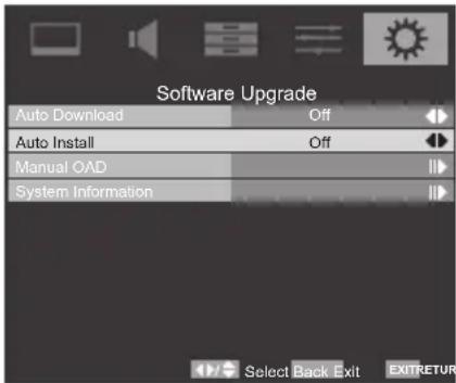 Software Upgrade Auto Download Off Auto Install Off Manual OAD System Information Select Back Exit EXITRETURN