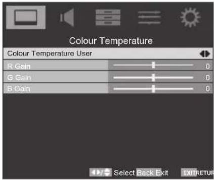 Colour Temperature Colour Temperature User R Gain G Gain B Gain Select Back Exit EXITRETUR