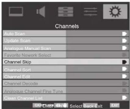 Channels Auto Scan Update Scan Analogue Manual Scan Favorite Network Select Channel Skip Channel Sort Channel Edit Channel Decode Analogue Channel Fine Tune Clean Channel List OK/RENEW 12/0 Select Back Exit EXIT