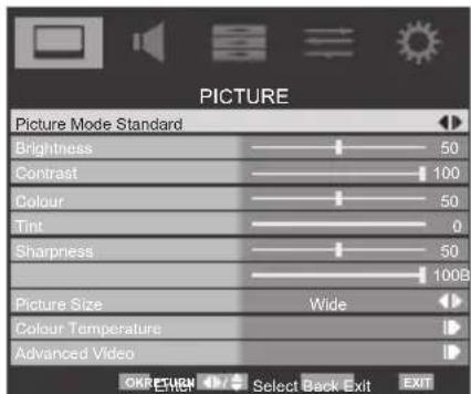 PICTURE Picture Mode Standard Brightness 50 Contrast 100 Colour 50 Tint 0 Sharpness 50 100B Picture Size Wide Colour Temperature Advanced Video OKRETHEN Select Back Exit EXIT