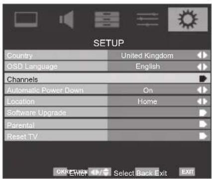 SETUP Country United Kingdom OSD Language English Channels Automatic Power Down On Location Home Software Upgrade Parental Reset TV OK RETURN ✓ Select Back Exit EXIT
