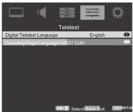 Teletext Digital Teletext Language English Decoding Page Language WEST EUR Select Back Exit EXITRETUR