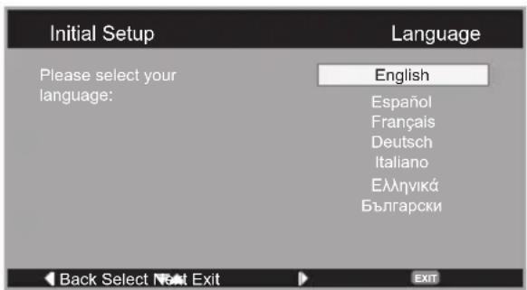 Initial Setup Language Please select your language: English Español Français Deutsch Italiano Еллгикá Български Back Select Next Exit EXIT