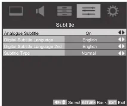 Subtitle Analogue Subtitle On Digital Subtitle Language English Digital Subtitle Language 2nd English Subtitle Type Normal Select RETURN Back Exit Exit