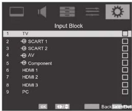 Input Block 1 TV 2 SCART 1 3 SCART 2 4 AV 5 Component 6 HDMI 1 7 HDMI 2 8 HDMI 3 9 PC OK Back Select