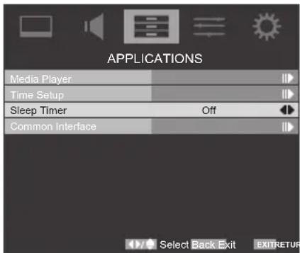 APPLICATIONS Media Player Time Setup Sleep Timer Off Common Interface Select Back Exit EXITRETURN