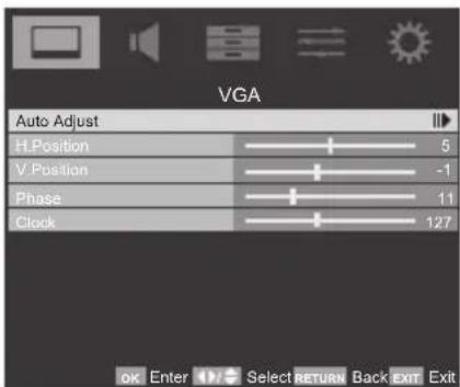 VGA Auto Adjust H.Position 5 V.Position -1 Phase 11 Clock 127 OK Enter Select RETURN Back EXIT Exit
