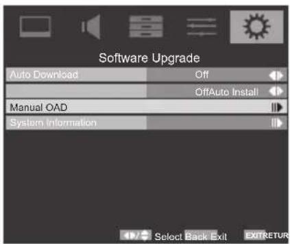 Software Upgrade Auto Download Off OffAuto Install Manual OAD System Information Select Back Exit EXITRETUR