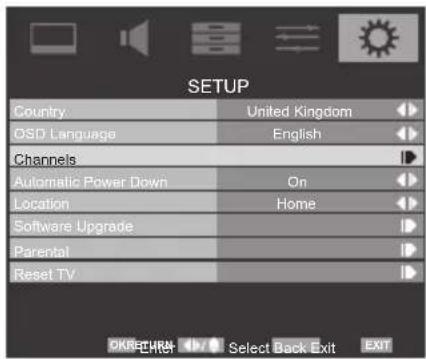 SETUP Country United Kingdom OSD Language English Channels Automatic Power Down On Location Home Software Upgrade Parental Reset TV OK GET/WH Select Back Exit EXIT