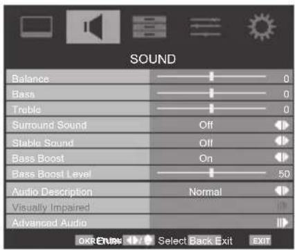 SOUND Balance 0 Bass 0 Treble 0 Surround Sound Off Stable Sound Off Bass Boost On Bass Boost Level 50 Audio Description Normal Visually Impaired OKRENEW Select Back Exit EXIT