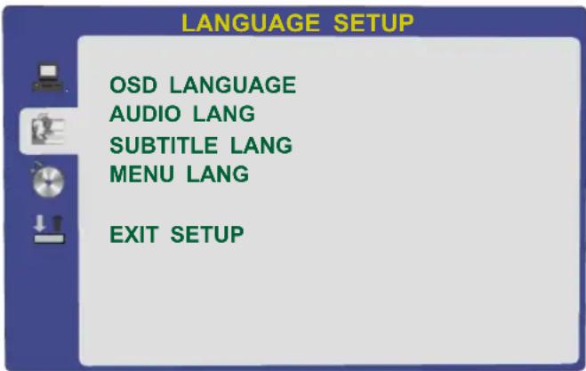 LANGUAGE SETUP OSD LANGUAGE AUDIO LANG SUBTITLE LANG MENU LANG EXIT SETUP